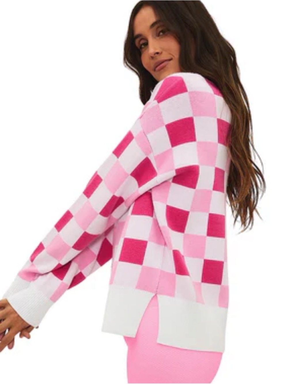Anthropologie Beach Riot Callie Sweater Peony Petal Checker Pink Check Large NWT - Picture 3 of 14